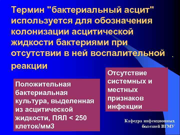 Термин "бактериальный асцит" используется для обозначения колонизации асцитической жидкости бактериями при отсутствии в ней