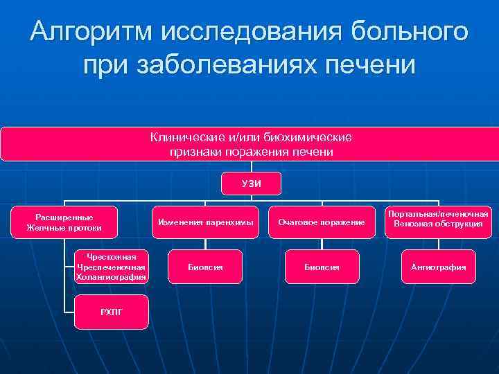 Алгоритм исследования больного при заболеваниях печени Клинические и/или биохимические признаки поражения печени УЗИ Расширенные