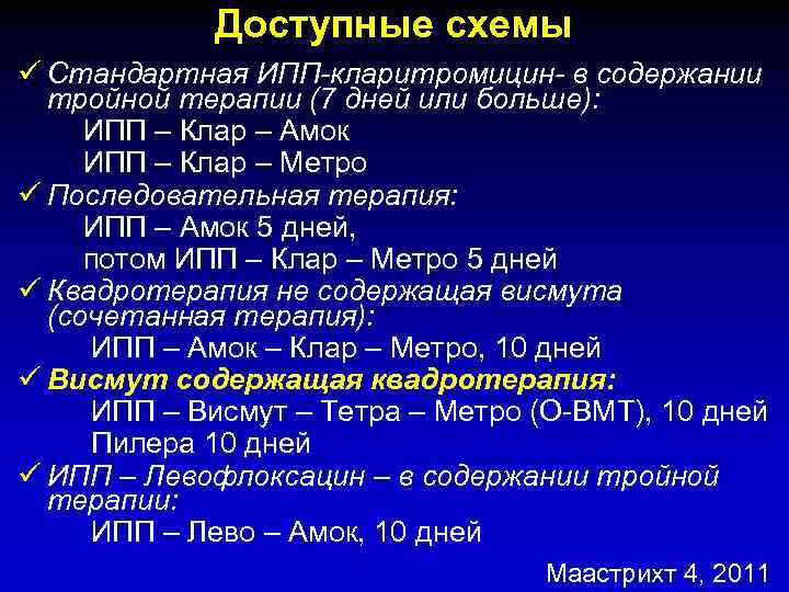 Доступные схемы ü Стандартная ИПП-кларитромицин- в содержании тройной терапии (7 дней или больше): ИПП