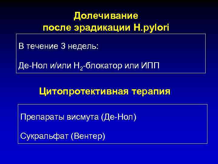 Долечивание после эрадикации Н. pylori В течение 3 недель: Де-Нол и/или Н 2 -блокатор