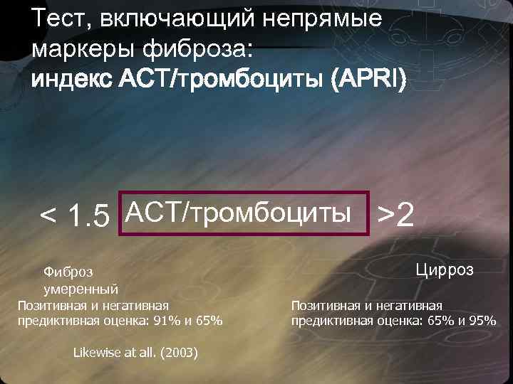 Тест, включающий непрямые маркеры фиброза: индекс АСТ/тромбоциты (APRI) < 1. 5 АСТ/тромбоциты >2 Фиброз