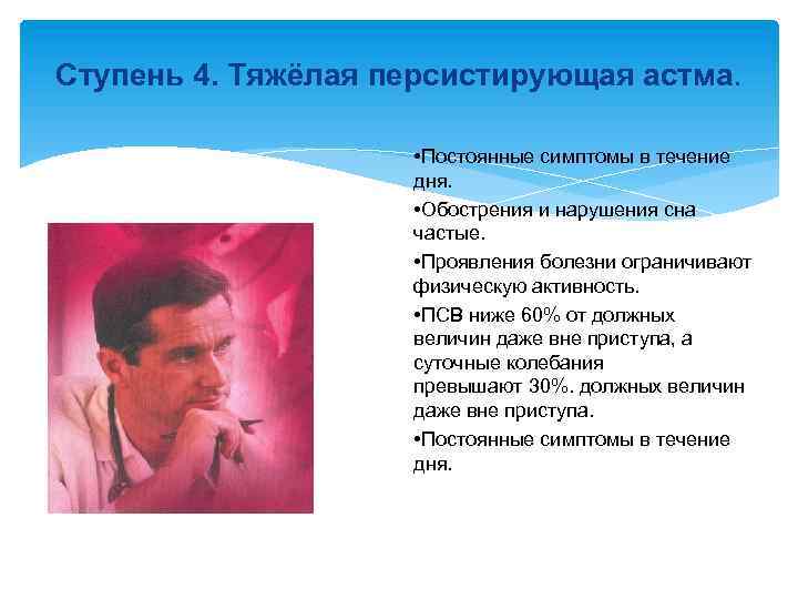 Ступень 4. Тяжёлая персистирующая астма. • Постоянные симптомы в течение дня. • Обострения и