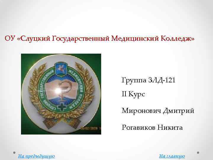ОУ «Слуцкий Государственный Медицинский Колледж» Группа ЗЛД-121 II Курс Миронович Дмитрий Рогавиков Никита На
