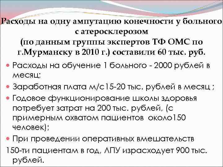 Расходы на одну ампутацию конечности у больного с атеросклерозом (по данным группы экспертов ТФ