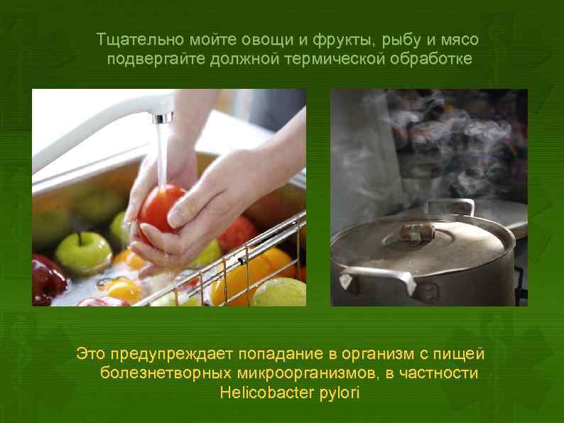  Тщательно мойте овощи и фрукты, рыбу и мясо подвергайте должной термической обработке Это
