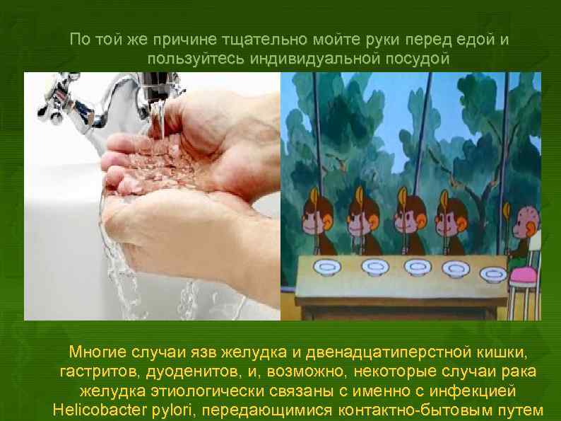 По той же причине тщательно мойте руки перед едой и пользуйтесь индивидуальной посудой Многие