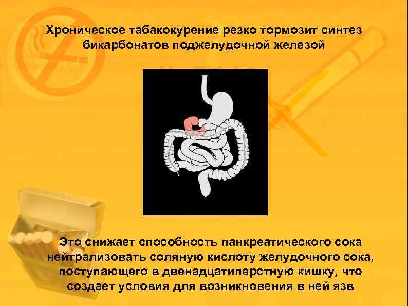 Хроническое табакокурение резко тормозит синтез бикарбонатов поджелудочной железой Это снижает способность панкреатического сока нейтрализовать