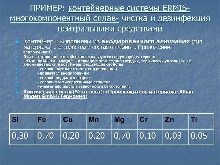 ПРИМЕР: контейнерные системы ERMISмногокомпонентный сплав- чистка и дезинфекция нейтральными средствами n n n n