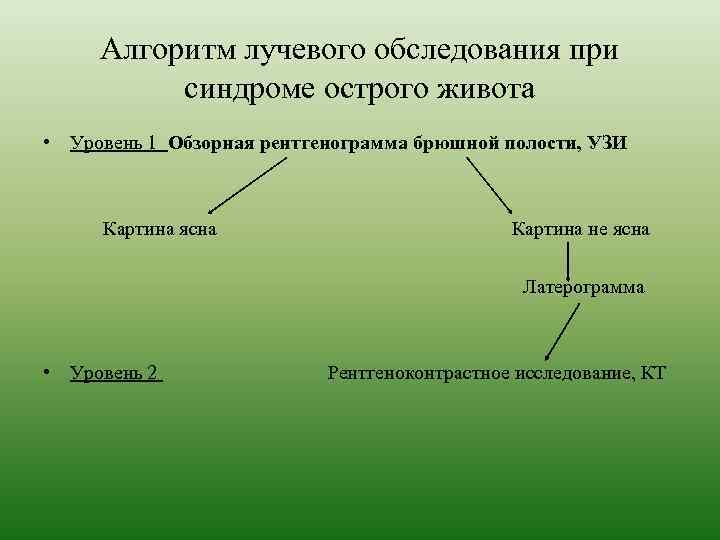 Алгоритм лучевого обследования при синдроме острого живота • Уровень 1 Обзорная рентгенограмма брюшной полости,