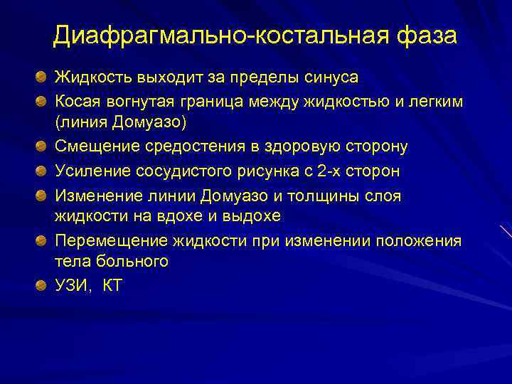 Диафрагмально-костальная фаза Жидкость выходит за пределы синуса Косая вогнутая граница между жидкостью и легким