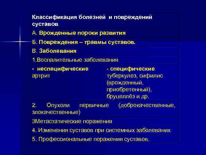 Классификация болезней и повреждений суставов А. Врожденные пороки развития Б. Повреждения – травмы суставов.