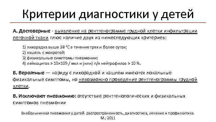 Критерии диагностики у детей А. Достоверные - выявление на рентгенограмме грудной клетки инфильтрации легочной