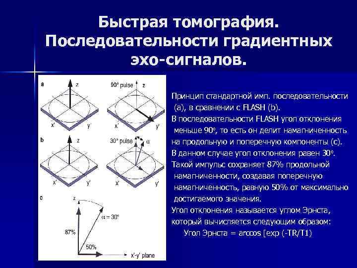 Быстрая томография. Последовательности градиентных эхо-сигналов. Принцип стандартной имп. последовательности (а), в сравнении с FLASH