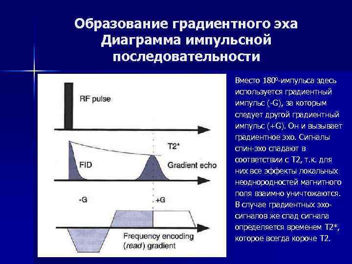 Образование градиентного эха Диаграмма импульсной последовательности Вместо 1800 -импульса здесь используется градиентный импульс (-G),