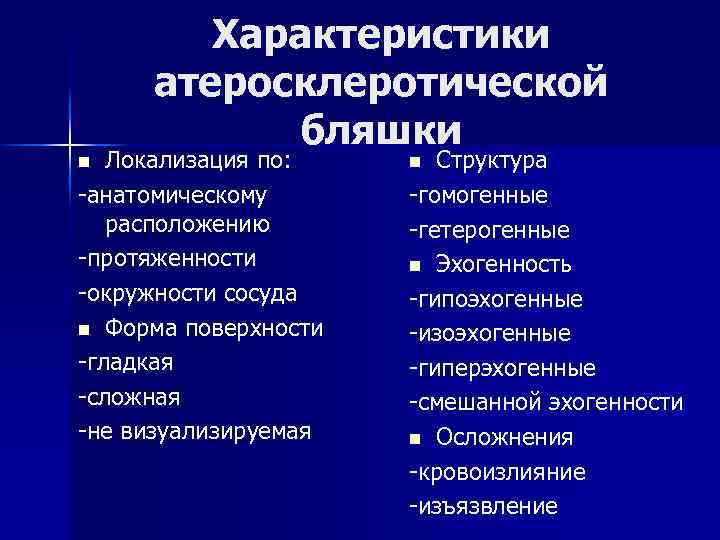 Характеристики атеросклеротической бляшки Локализация по: -анатомическому расположению -протяженности -окружности сосуда n Форма поверхности -гладкая