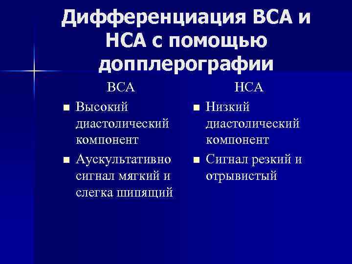 Дифференциация ВСА и НСА с помощью допплерографии n n ВСА Высокий диастолический компонент Аускультативно