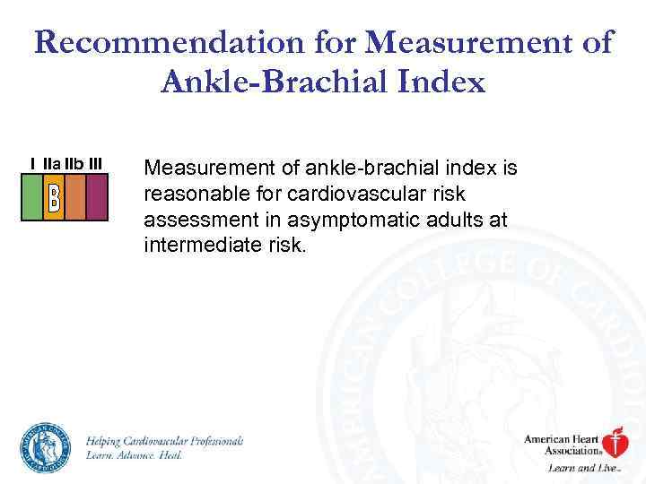 Recommendation for Measurement of Ankle-Brachial Index I IIa IIb III Measurement of ankle-brachial index