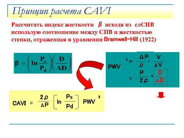 Принцип расчета CAVI Рассчитать индекс жесткости β исходя из сл. СПВ использую соотношение между