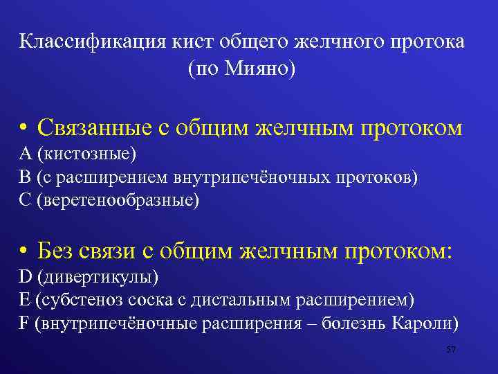 Классификация кист общего желчного протока (по Мияно) • Связанные с общим желчным протоком А