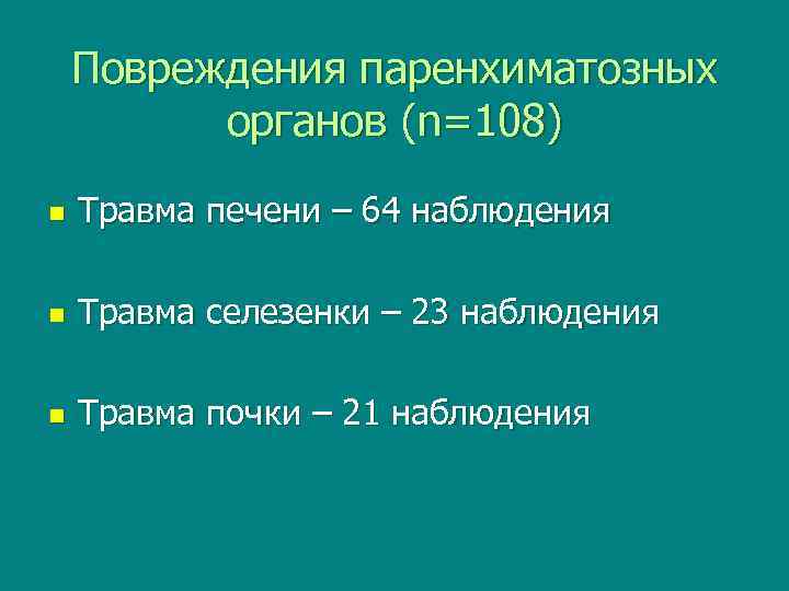 Повреждения паренхиматозных органов (n=108) n Травма печени – 64 наблюдения n Травма селезенки –