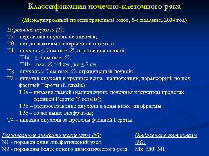 Классификация почечно-клеточного рака (Международный противораковый союз, 5 -е издание, 2004 год) Первичная опухоль (Т):