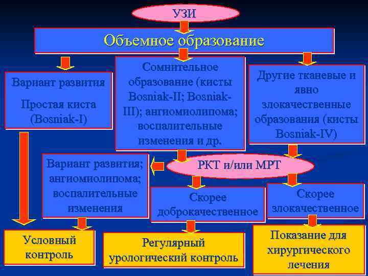 УЗИ Объемное образование Вариант развития Простая киста (Bosniak-I) Сомнительное образование (кисты Bosniak-II; Bosniak. III);