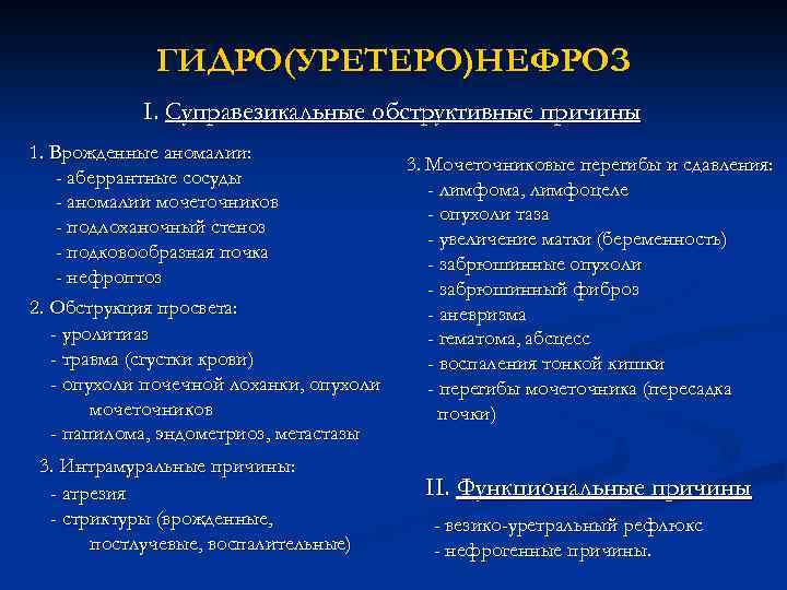 ГИДРО(УРЕТЕРО)НЕФРОЗ I. Суправезикальные обструктивные причины 1. Врожденные аномалии: - аберрантные сосуды - аномалии мочеточников