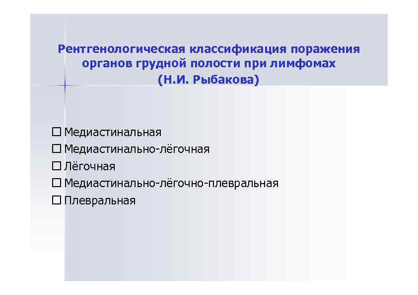 Рентгенологическая классификация поражения органов грудной полости при лимфомах (Н. И. Рыбакова) Медиастинальная Медиастинально-лёгочная Лёгочная