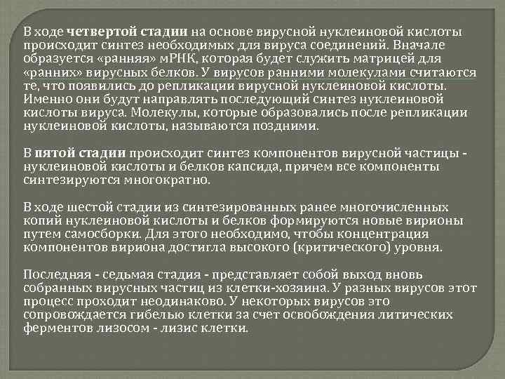 В ходе четвертой стадии на основе вирусной нуклеиновой кислоты четвертой стадии происходит синтез необходимых