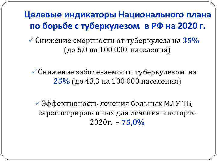 Целевые индикаторы Национального плана по борьбе с туберкулезом в РФ на 2020 г. ü