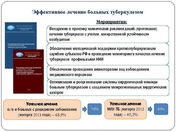 Эффективное лечение больных туберкулезом Мероприятия: Внедрение в практику клинических рекомендаций (протоколов) лечения туберкулеза с