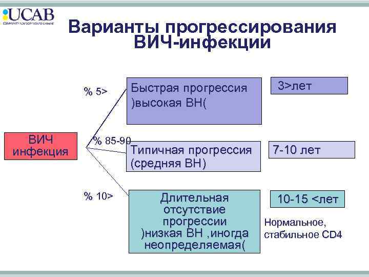 Варианты прогрессирования ВИЧ-инфекции % 5> ВИЧ инфекция Быстрая прогрессия )высокая ВН( % 85 -90