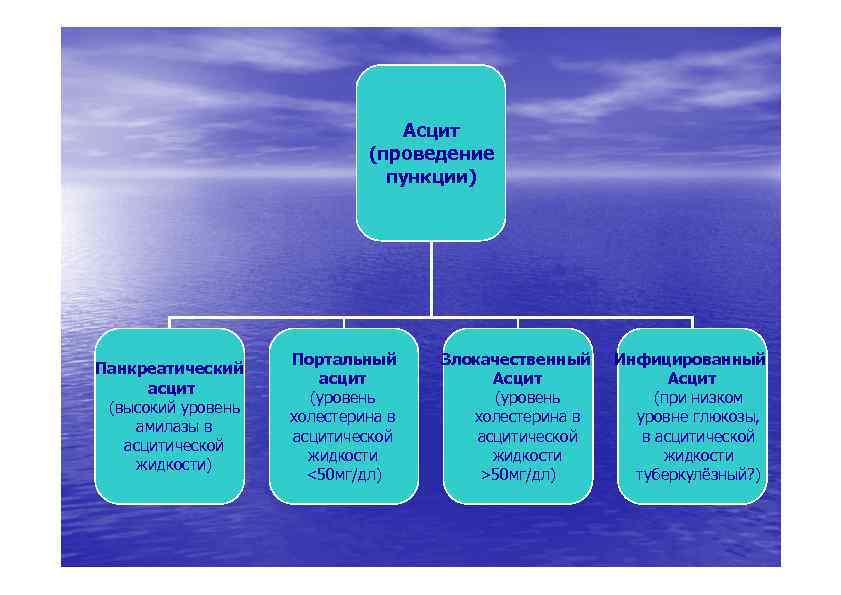 Асцит (проведение пункции) Панкреатический асцит (высокий уровень амилазы в асцитической жидкости) Портальный асцит (уровень