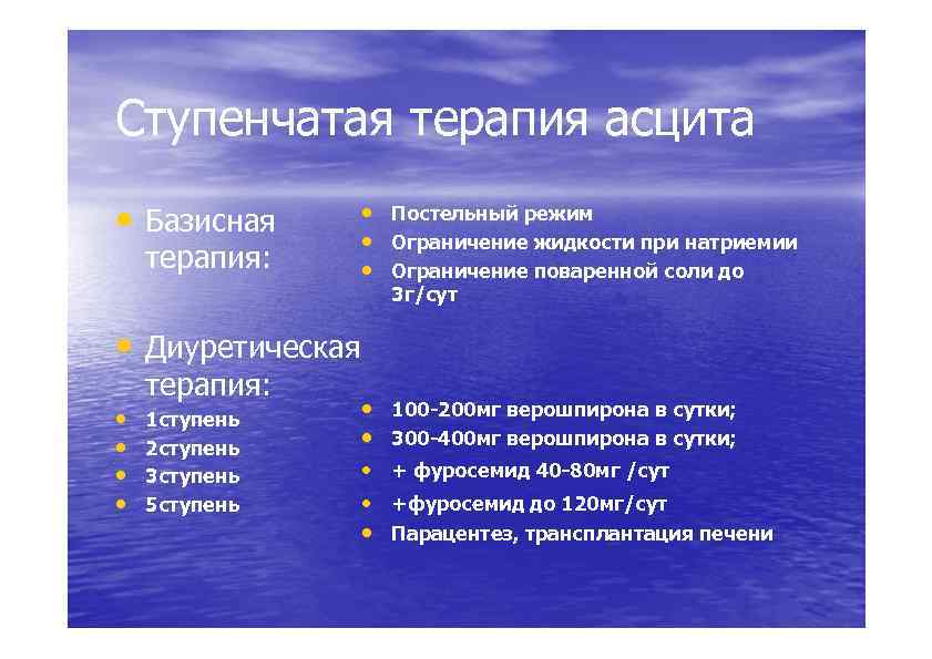 Ступенчатая терапия асцита • Базисная терапия: • Постельный режим • Ограничение жидкости при натриемии