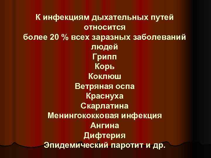 К инфекциям дыхательных путей относится более 20 % всех заразных заболеваний людей Грипп Корь