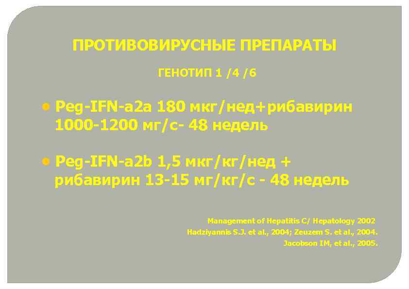 ПРОТИВОВИРУСНЫЕ ПРЕПАРАТЫ ГЕНОТИП 1 /4 /6 • Peg-IFN-a 2 a 180 мкг/нед+рибавирин 1000 -1200