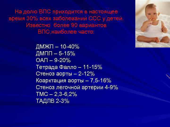 На долю ВПС приходится в настоящее время 30% всех заболеваний ССС у детей. Известно