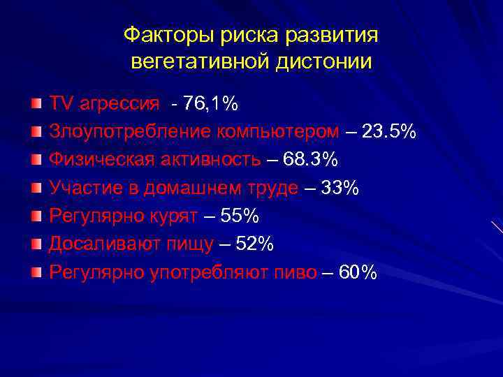 Факторы риска развития вегетативной дистонии TV агрессия - 76, 1% Злоупотребление компьютером – 23.