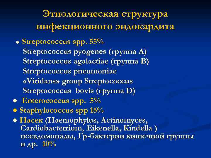 Этиологическая структура инфекционного эндокардита Streptococcus spp. 55% Streptococcus pyogenes (группа А) Streptococcus agalactiae (группа