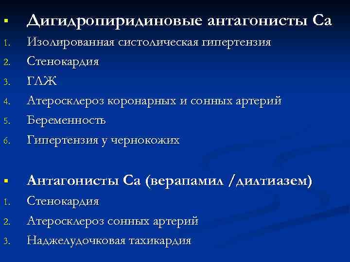 § Дигидропиридиновые антагонисты Са 1. 6. Изолированная систолическая гипертензия Стенокардия ГЛЖ Атеросклероз коронарных и