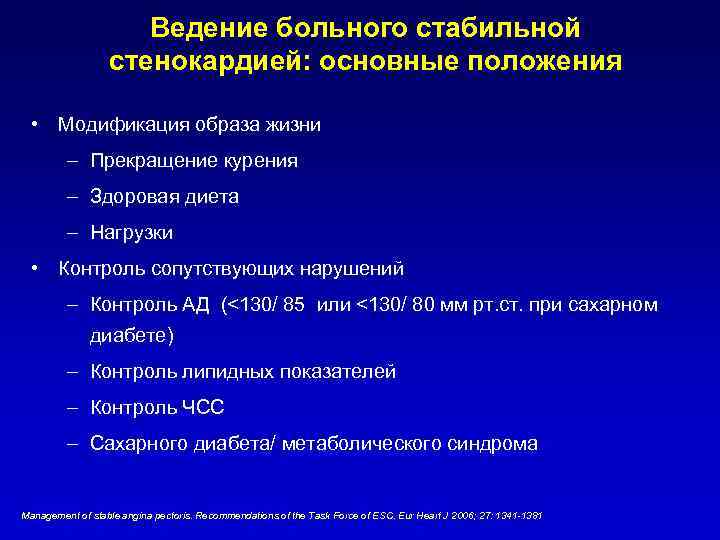 Ведение больного стабильной стенокардией: основные положения • Модификация образа жизни – Прекращение курения –