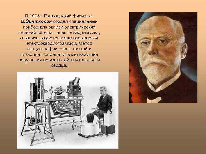 В 1903 г. Голландский физиолог В. Эйнтховен создал специальный прибор для записи электрических явлений