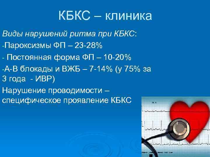 КБКС – клиника Виды нарушений ритма при КБКС: -Пароксизмы ФП – 23 -28% -