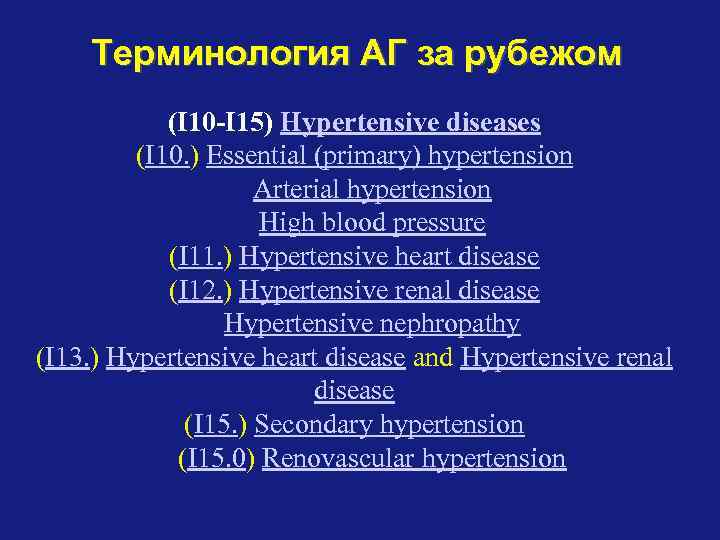 Терминология АГ за рубежом (I 10 -I 15) Hypertensive diseases (I 10. ) Essential
