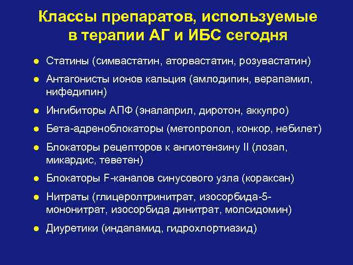 Классы препаратов, используемые в терапии АГ и ИБС сегодня Статины (симвастатин, аторвастатин, розувастатин) Антагонисты