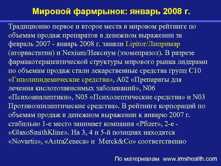 Мировой фармрынок: январь 2008 г. Традиционно первое и второе места в мировом рейтинге по
