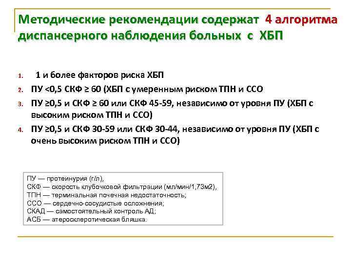 Методические рекомендации содержат 4 алгоритма диспансерного наблюдения больных с ХБП 1. 2. 3. 4.