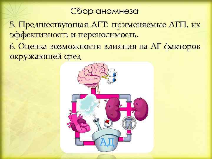 Сбор анамнеза 5. Предшествующая АГТ: применяемые АГП, их эффективность и переносимость. 6. Оценка возможности