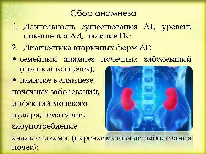 Сбор анамнеза 1. Длительность существования АГ, уровень повышения АД, наличие ГК; 2. Диагностика вторичных