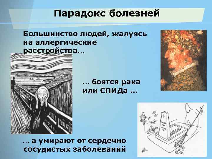 Парадокс болезней Большинство людей, жалуясь на аллергические расстройства… … боятся рака или СПИДа …